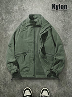 Men's Spring/Autumn American-Style Nylon Solid Color Stand Collar Jacket, Breathable Lightweight Windproof Functional Workwear Outerwear, Loose Fit Streetwear Casual Windbreaker - fern green