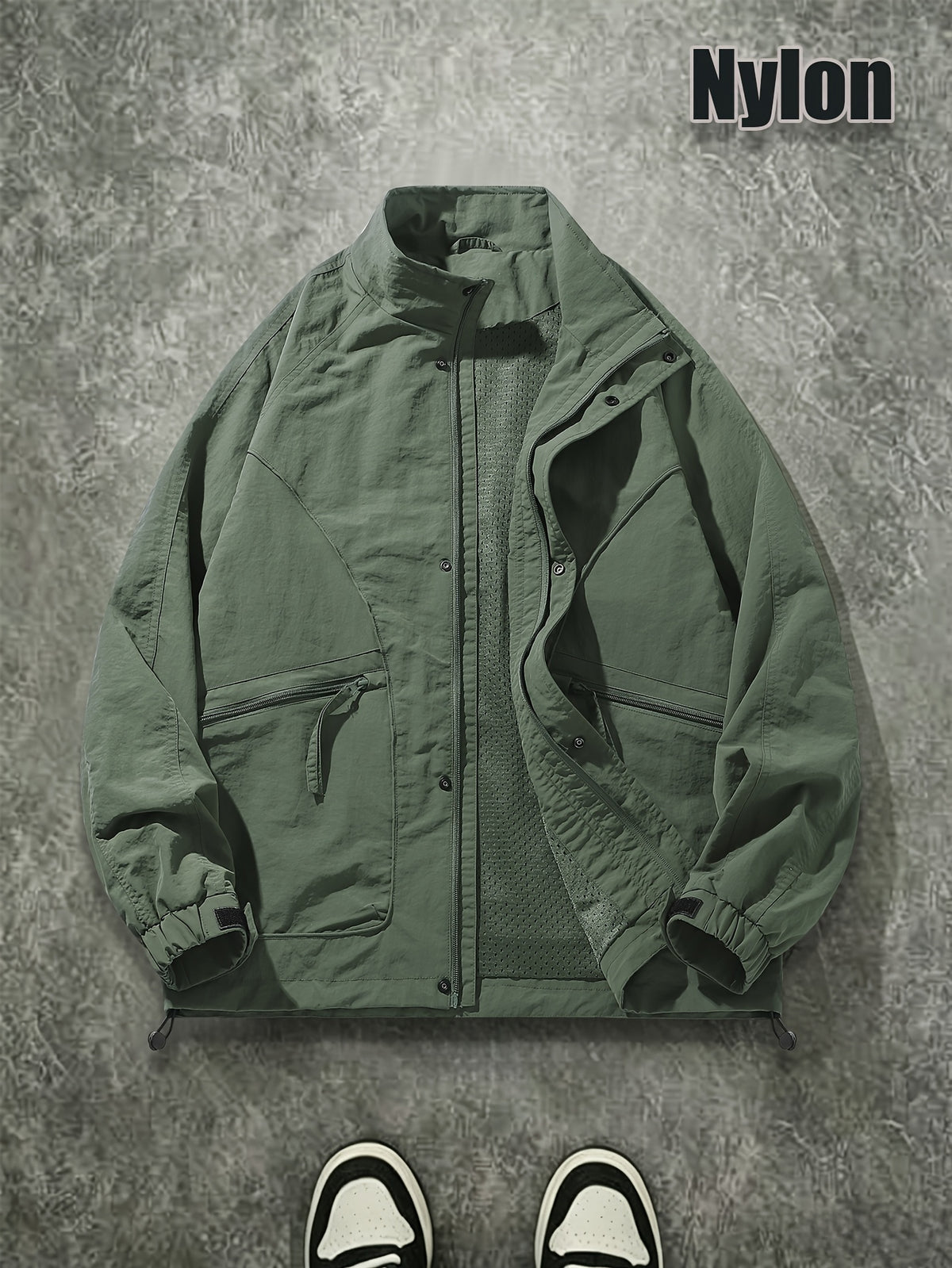 Men's Spring/Autumn American-Style Nylon Solid Color Stand Collar Jacket, Breathable Lightweight Windproof Functional Workwear Outerwear, Loose Fit Streetwear Casual Windbreaker - fern green