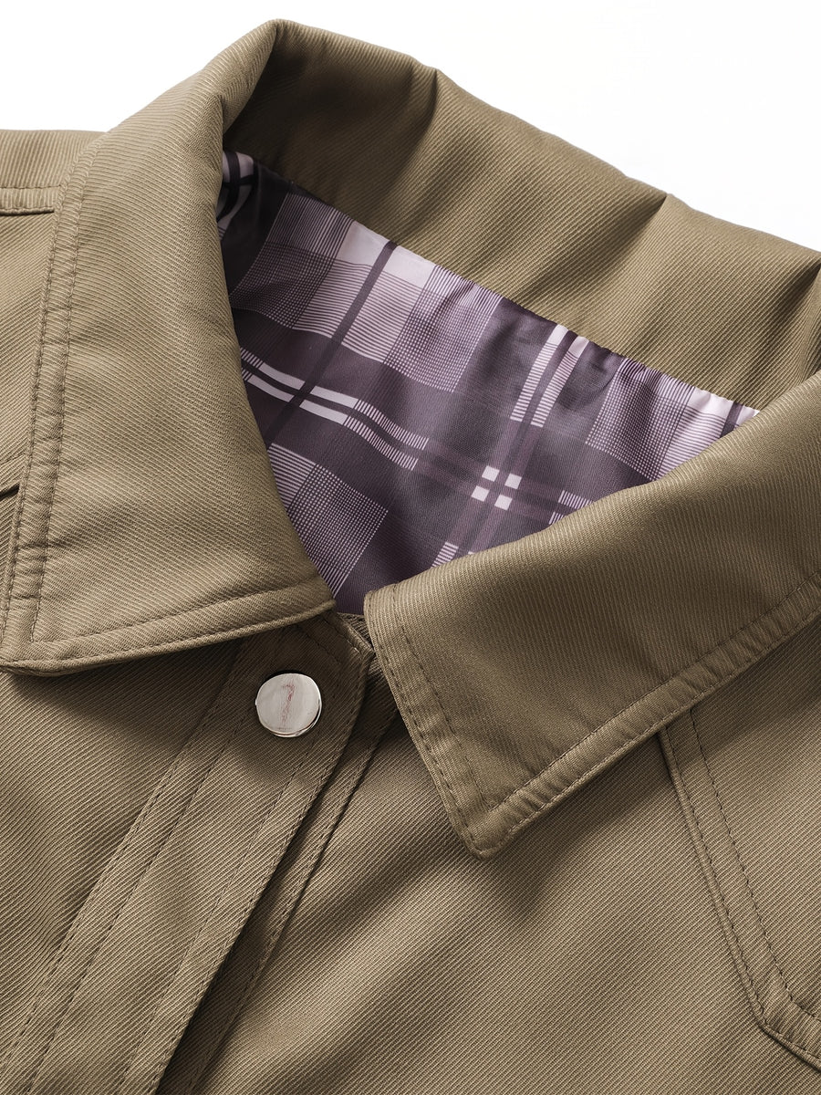 DIFFELEMENT Men's Lapel Work Jacket, Structured, Wear-Resistant, Windproof, Woven Fabric, Multiple Pockets, Metal Snap Buttons, Simple Solid Color, Versatile Fit, Suitable for Urban Commuting, Street Outings, Outdoor Casual Wear, Spring and Autumn - Khaki