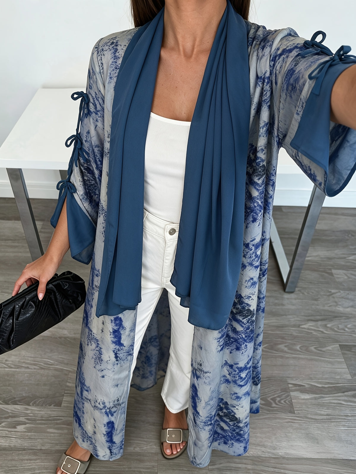 1 Set Women's Tie-Dye Print Open Front Long Kimono Cardigan, Flare Sleeve with Side Bow Detail Maxi Cover-Up, Modest Dubai Abaya Outerwear for Daily and Vacation Wear, Ink Wash Tie-Dye Print Long Open Abaya Kimono, Bell Sleeve with Side Self-Tie Bow - Navy Color