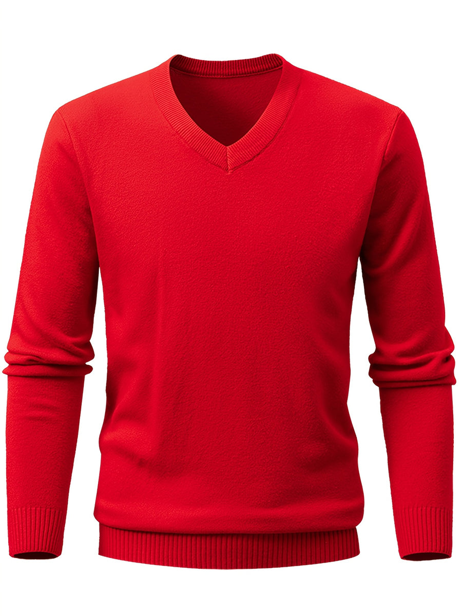 Autumn/Winter New V-Neck Solid Color Pullover Casual Versatile Knit Top for Men - Bright Red