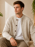 [Wading Whale OBM] Autumn Winter New Men'S Knit Cardigan, Old Money Style Solid Color Striped Single-Button Open Front Round Neck Sweater for Business Casual Fashion, Suitable for Spring, Autumn, Winter Layering Or Outerwear, Fits Daily Casual - Off-white