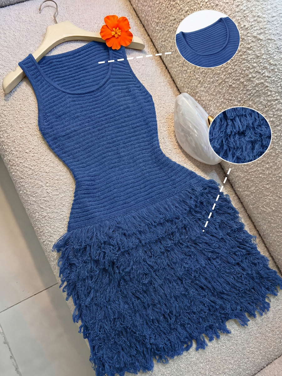 Beach Vacation Style, Handcrafted Tassel Design, And Slender High-End Elegant Vest Dress, High-End And Dignified, Versatile And Fashionable - Blue