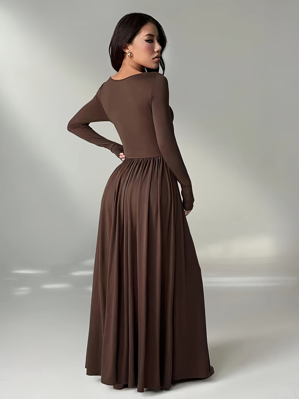 Women'S Solid Color Slim Long Sleeve Dress, Solid Color Dress, Elegant Women'S Thanksgiving Outfit, Graceful Party Gown, Wedding Party Dress, Fashion Evening Dress, Korean Style, Autumn Winter, Women'S Elegant Dress - COFFEE COLOR