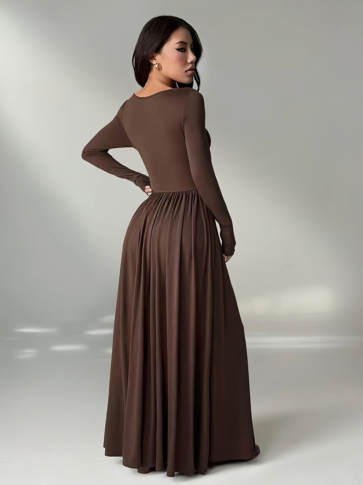 Women'S Solid Color Slim Long Sleeve Dress, Solid Color Dress, Elegant Women'S Thanksgiving Outfit, Graceful Party Gown, Wedding Party Dress, Fashion Evening Dress, Korean Style, Autumn Winter, Women'S Elegant Dress - COFFEE COLOR