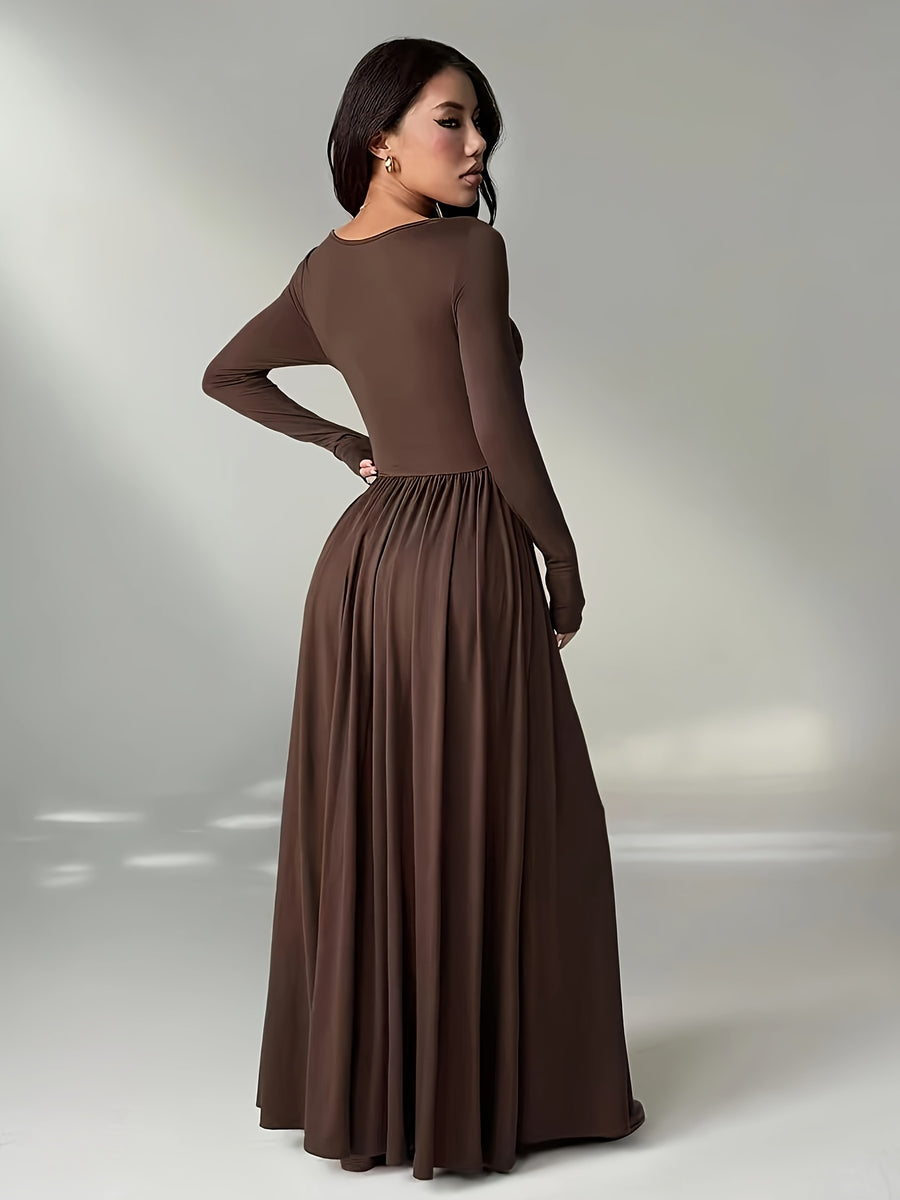 Women'S Solid Color Slim Long Sleeve Dress, Solid Color Dress, Elegant Women'S Thanksgiving Outfit, Graceful Party Gown, Wedding Party Dress, Fashion Evening Dress, Korean Style, Autumn Winter, Women'S Elegant Dress - COFFEE COLOR