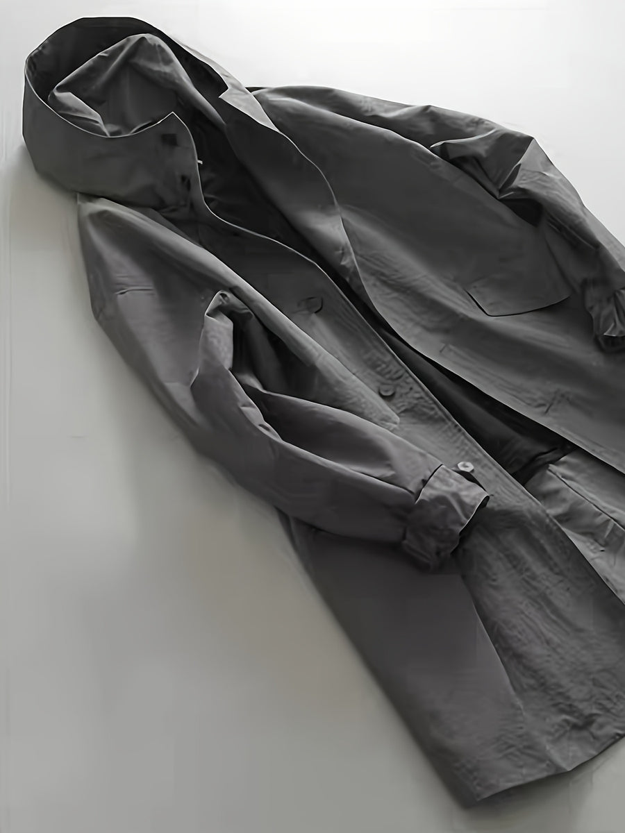 Men's Mid-Length Trench Coat for Spring/Autumn, Japanese-Style Minimalist Light Luxury Fashion, High-End Gray Long Hooded Trench Coat - Dark Gray