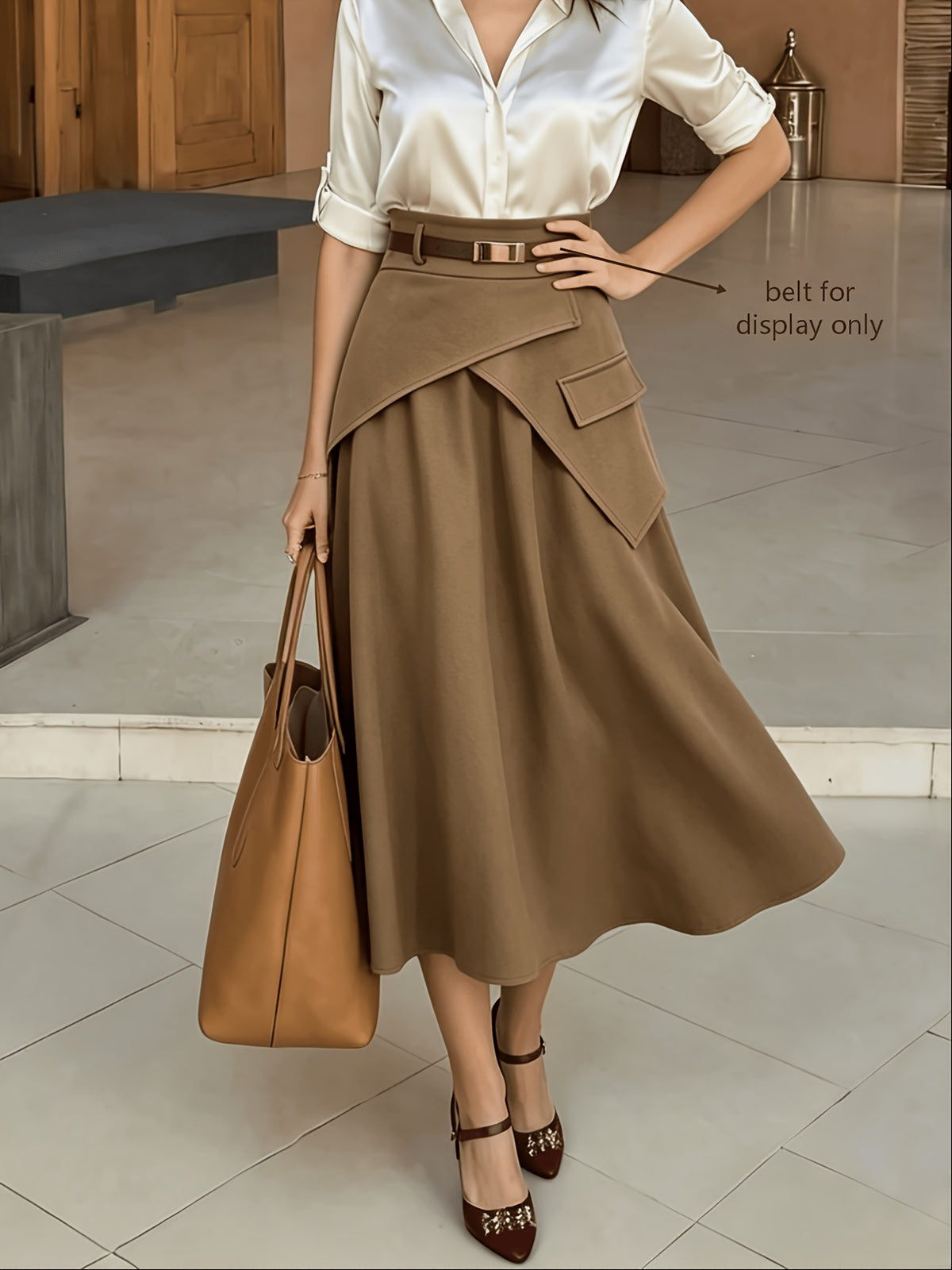 Women'S Spring Autumn New Elegant High-Waist Solid Mid-Length A-Line Asymmetrical Skirt/No Belt, Elegant Casual Design with Ruffled Trim, Suitable for Spring Autumn Summer, Appropriate for Fashion, Business, Commuting, Casual, Music Festivals - Dark Khaki