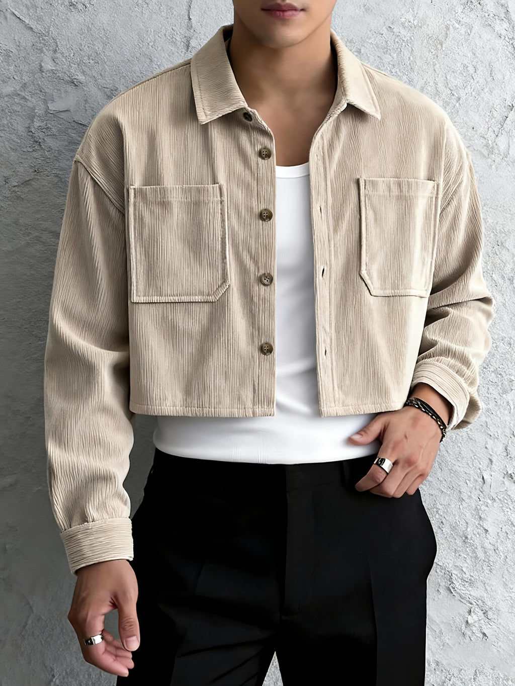 New Men'S Corduroy Short-Length Long-Sleeve Jacket Top, Soft And Skin-Friendly Texture, Double-Pocket Design Practical And Stylish, Drop-Shoulder Loose Short Cut to Enhance Waistline And Leg Length - Khaki