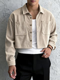 New Men'S Corduroy Short-Length Long-Sleeve Jacket Top, Soft And Skin-Friendly Texture, Double-Pocket Design Practical And Stylish, Drop-Shoulder Loose Short Cut to Enhance Waistline And Leg Length - Khaki