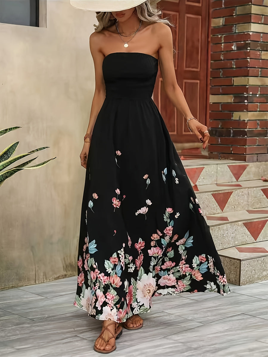 Women's Elegant Smocked Bandeau Bridesmaid Dress with Tailored Waist-Cinched Oversized A-Line Maxi Dress Suitable for Weddings, Proms, Parties - Machine Washable Wedding Guest Dress - Black