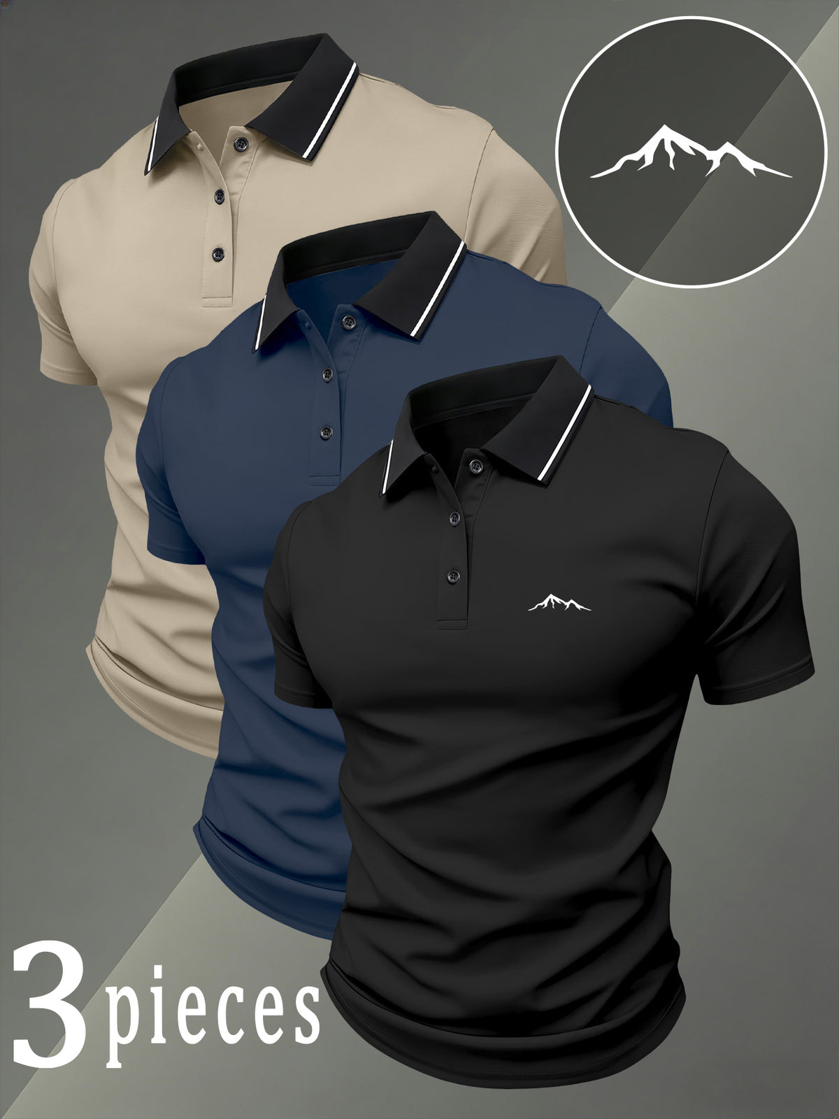Summer New Men'S Short-Sleeved Polo Shirt 3pcs Set Multi-Color Optional Fashionable Versatile Daily Casual Comfortable And Breathable Fabric Suitable for Outdoor Sports And Business Casual Wear Essential Polo Shirt for Mature Men - Black + Navy + Khaki