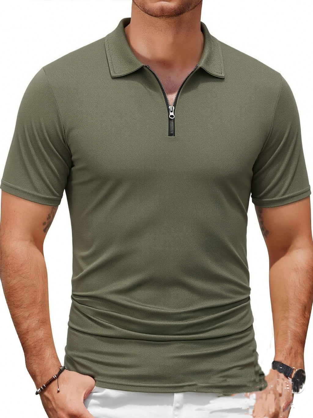 Three-pc Men's Sporty Outdoor Casual Lapel Solid Color Breathable Polo Shirts for High-End Occasions - Army Green Three-Piece Set