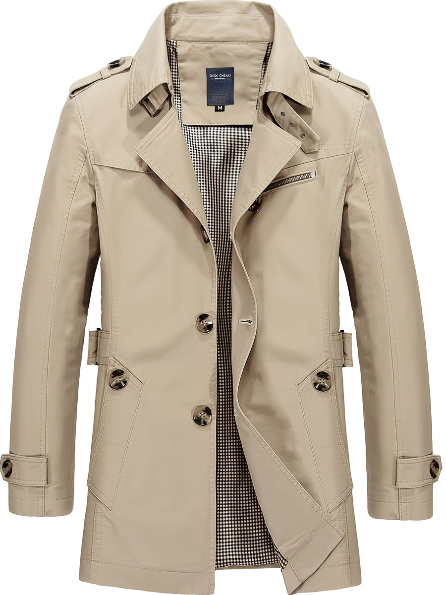 Men'S Lapel Mid-Length Casual Trench Coat, Single-Breasted Utility Style Jacket, with Epaulettes, Metal Buttons, Zipper-Decorated Pocket, Spring/Autumn Casual Outerwear, Suitable for Office And Daily Commute, Men'S Business Coat - Off-white