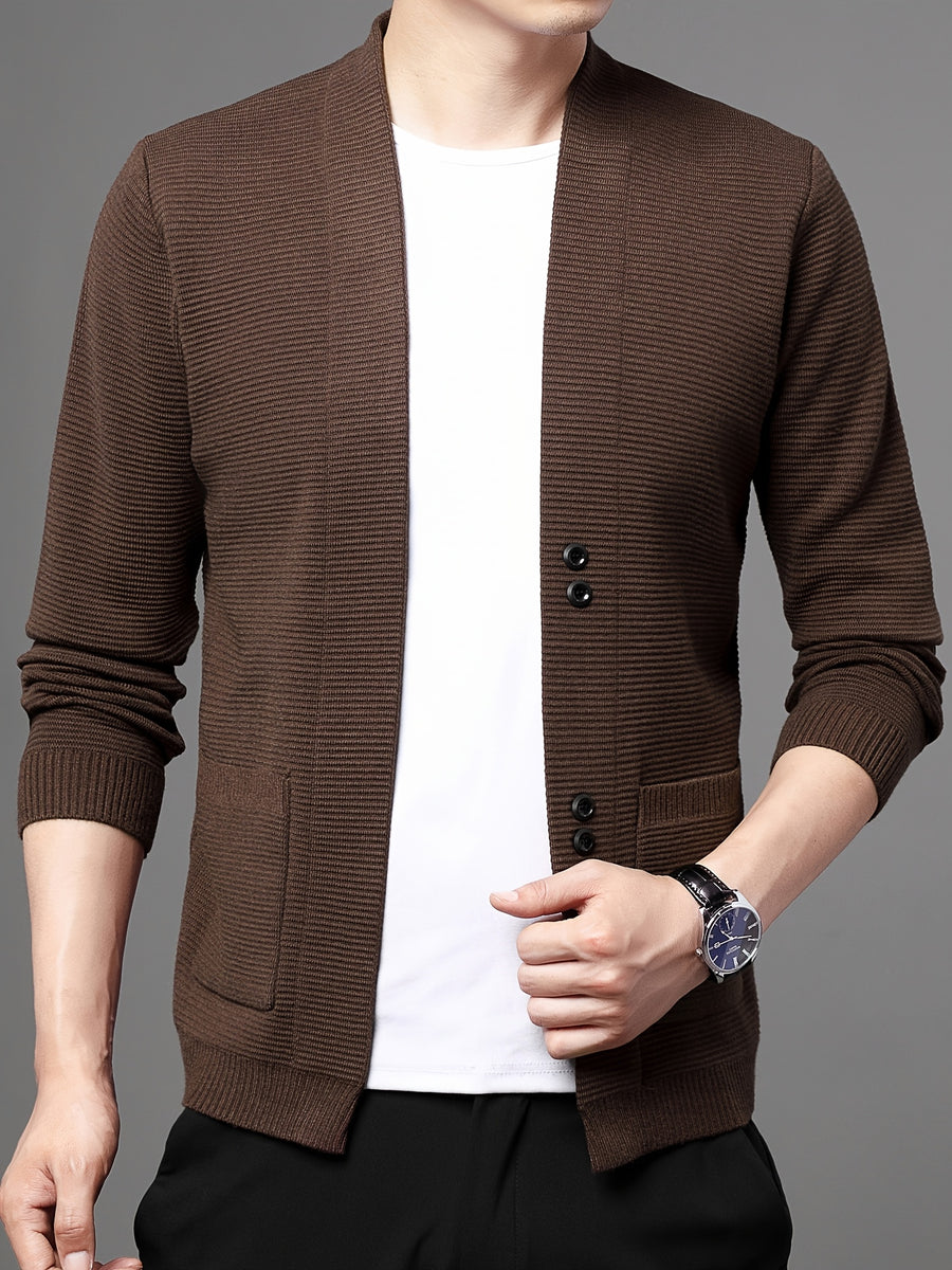 [Wading Whale OBM] Spring/Summer New Men'S Knit Cardigan, Old Money Style Solid Color V-Neck Long Sleeve Open Front Sweater Jacket with Single Button Closure And Side Pockets, Suitable for Spring And Autumn Layering Or Outerwear - Coffee Brown