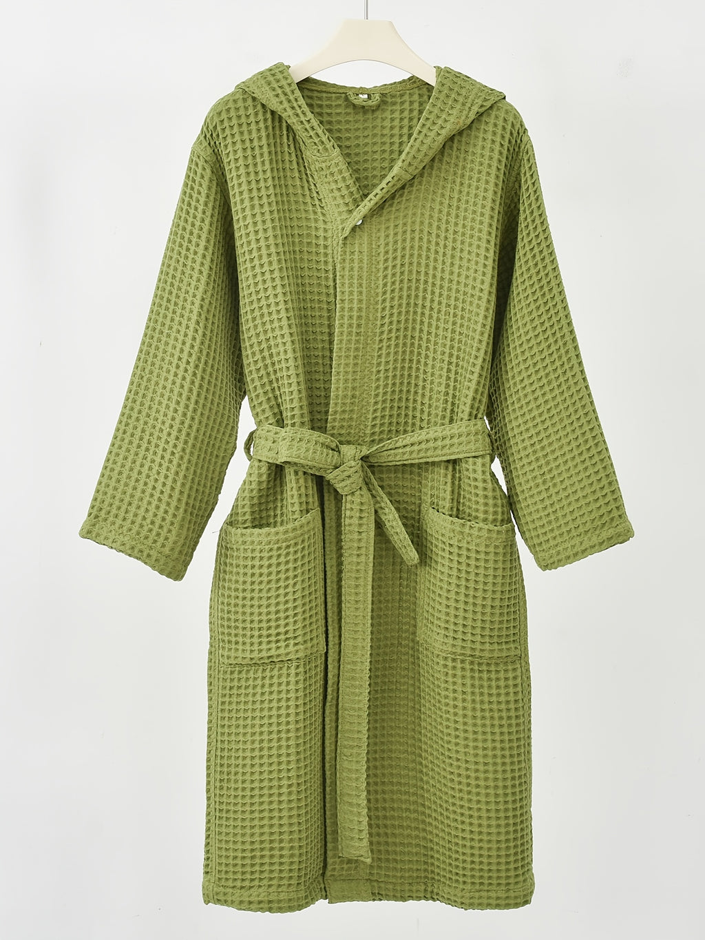A 100% Waffle- Hooded Bathrobe with Quick-absorbing and Excellent Warmth Properties, Ideal for Bathing, Swimming, and Vacation Wear. Suitable for Sleeping. Features a Very Loose Fit. Perfect as a Holiday Gift for Family, Friends, or Partners - Green