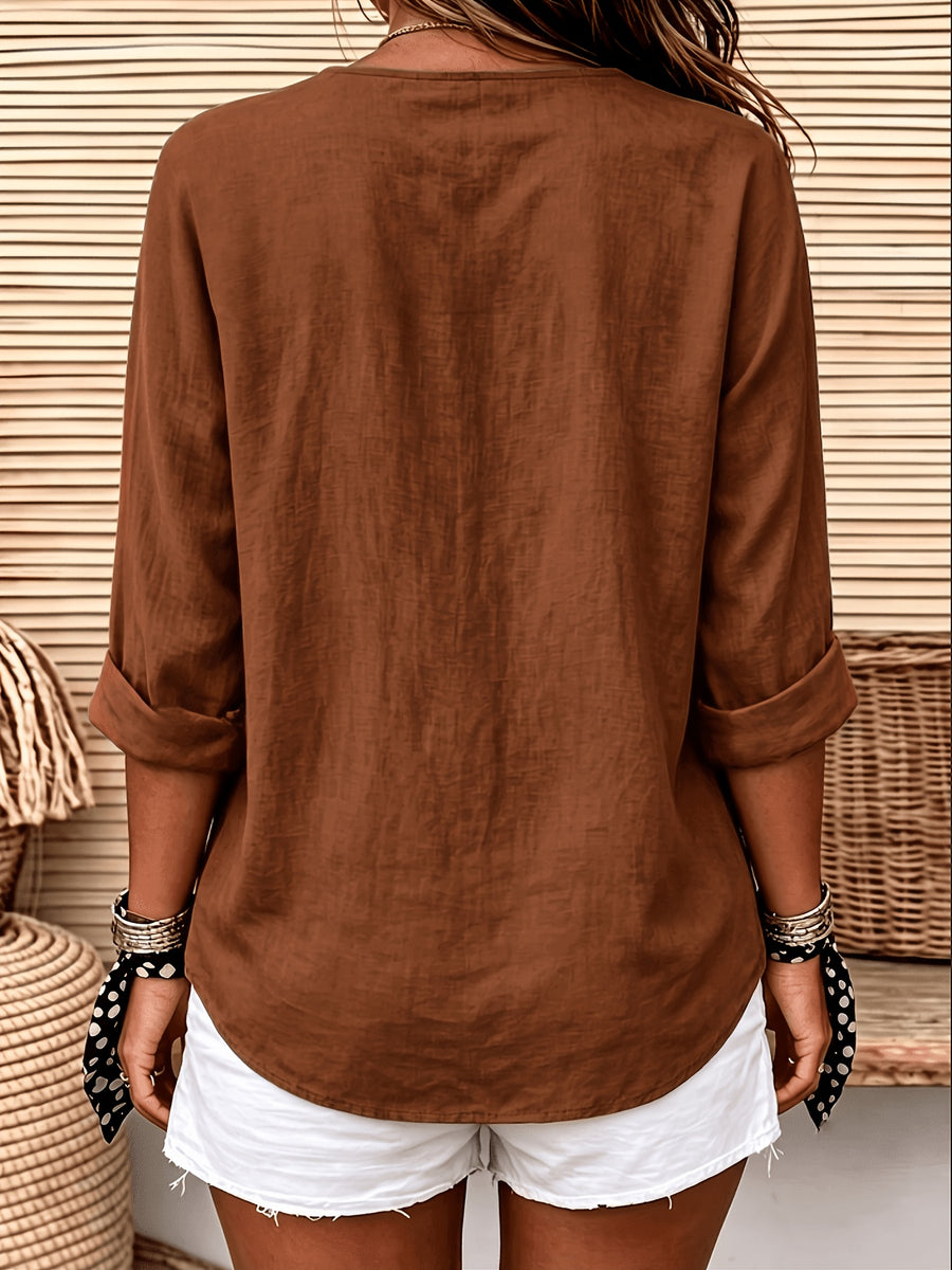 Women'S Solid Color V-Neck Long-Sleeved Shirt, Loose And Single-Breasted Casual Daily Vacation Top - Coffee Brown