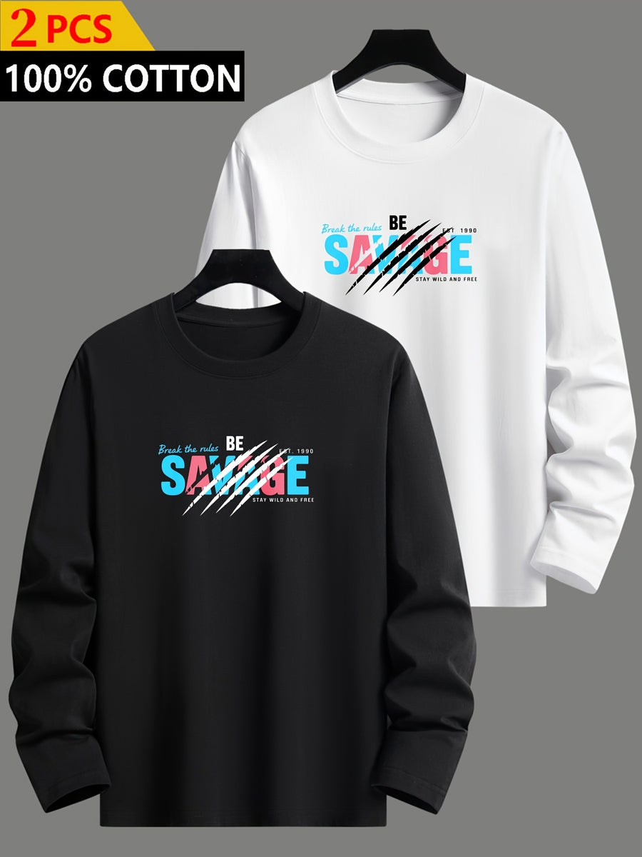2pcs, 100% Cotton, Men's Heavyweight Long-Sleeve T-Shirt - Soft Breathable Crew Neck Casual Daily Wear, Beige Spring/Autumn Loungewear, Machine Washable - Mixed Colors 10