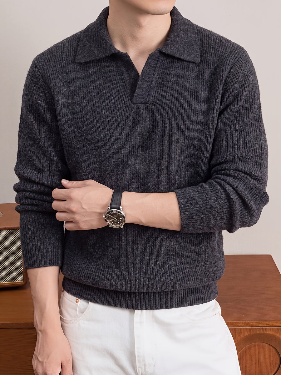 Men'S Polo Neck Knit Sweater Autumn Winter Thick Ribbed Placket Pullover Casual Solid Color Knit Top - Dark Gray
