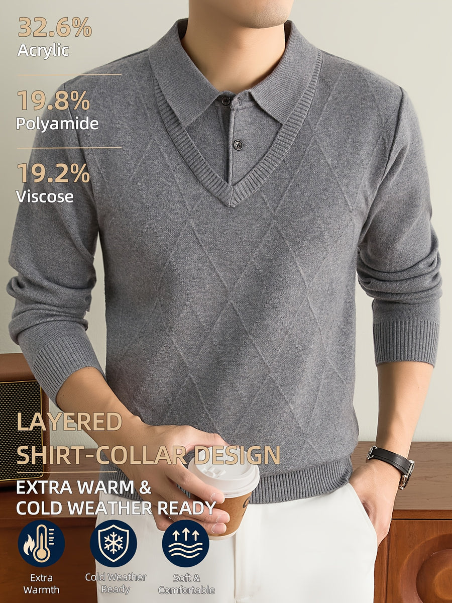 Men's Grey Polo Sweater, Faux 2pcs Shirt-Collar Design, V-Neck & Subtle Diamond Knit Pattern, Classic Refined Style, Warm Autumn Winter Pullover for Casual Wear, Golf & Outdoor Activities - Light Grey