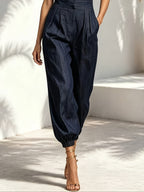 Women'S Sleeveless Stand Collar Jumpsuit, High-Waist Pleated Tapered Leg One-Piece Outfit - Navy Color