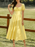 Summer Fresh Bow-Trimmed Dress, Puff Sleeve Gentle Style Vacation Long Dress, Elegant Party Dress - Yellow