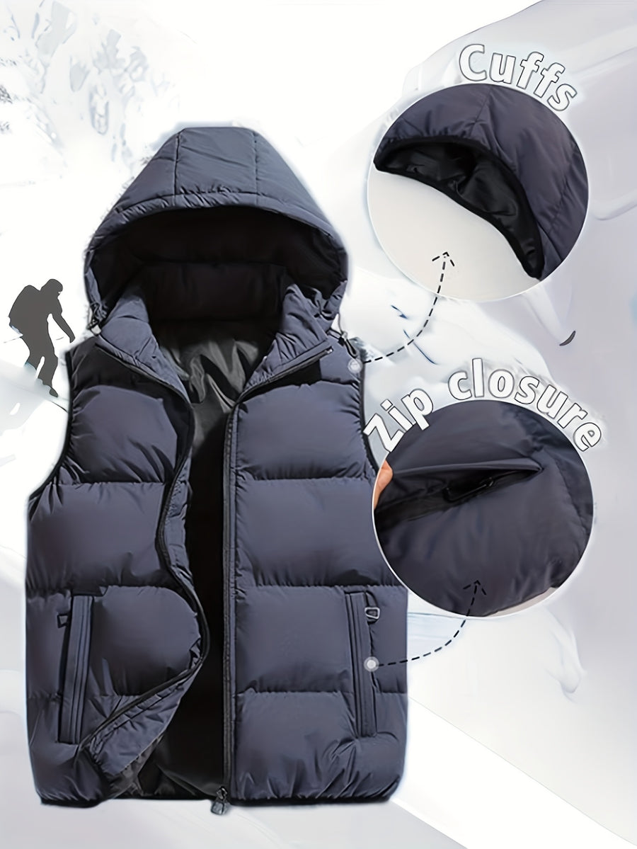 Men'S Autumn Winter Solid Color Vest, Outdoor Casual Fashion Thickened Waistcoat, Quilted Casual Warm Jacket with Removable Hood, Zippered Pockets, Men'S Cold Weather Jacket Top. Suitable for Multi-Scene Wear - Slate Grey