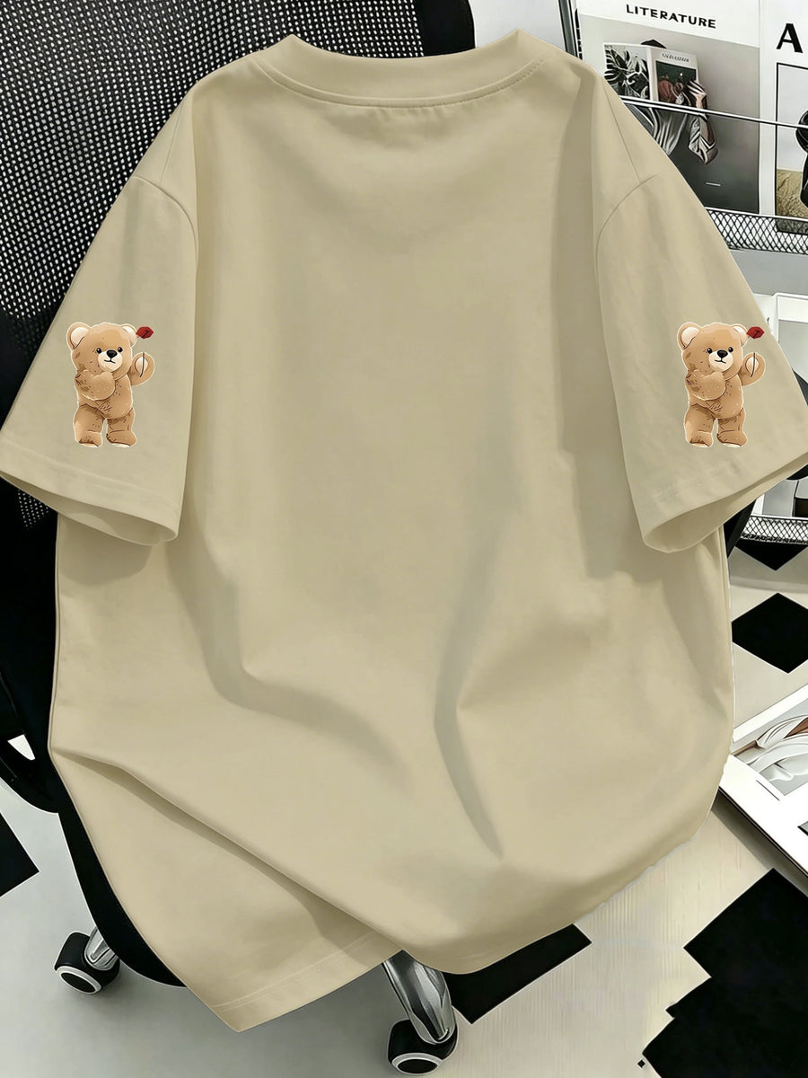 Women' Oversized Pocket Bear T-Shirt - Loose Fit Midi-Length Short Sleeve Round Neck -Compatible Top with Hip-Covering | Spring Summer Casual Wear Suitable for Layering, Machine Washable Non- Pocket Tee - Linen