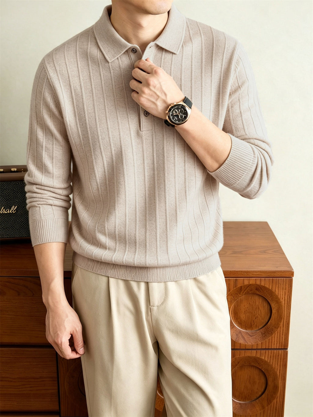 Autumn Winter Knit 3D Solid Color Lapel Sweater, Basic Knit Pullover Top for Men, Fashionable Long Sleeve Sweater HJ - Beige Color