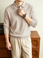 Autumn Winter Knit 3D Solid Color Lapel Sweater, Basic Knit Pullover Top for Men, Fashionable Long Sleeve Sweater HJ - Beige Color