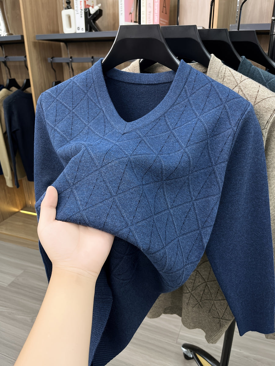 Men's V-neck Knitted Warm Casual Simple Autumn/Winter Thermal Sweater - Blue