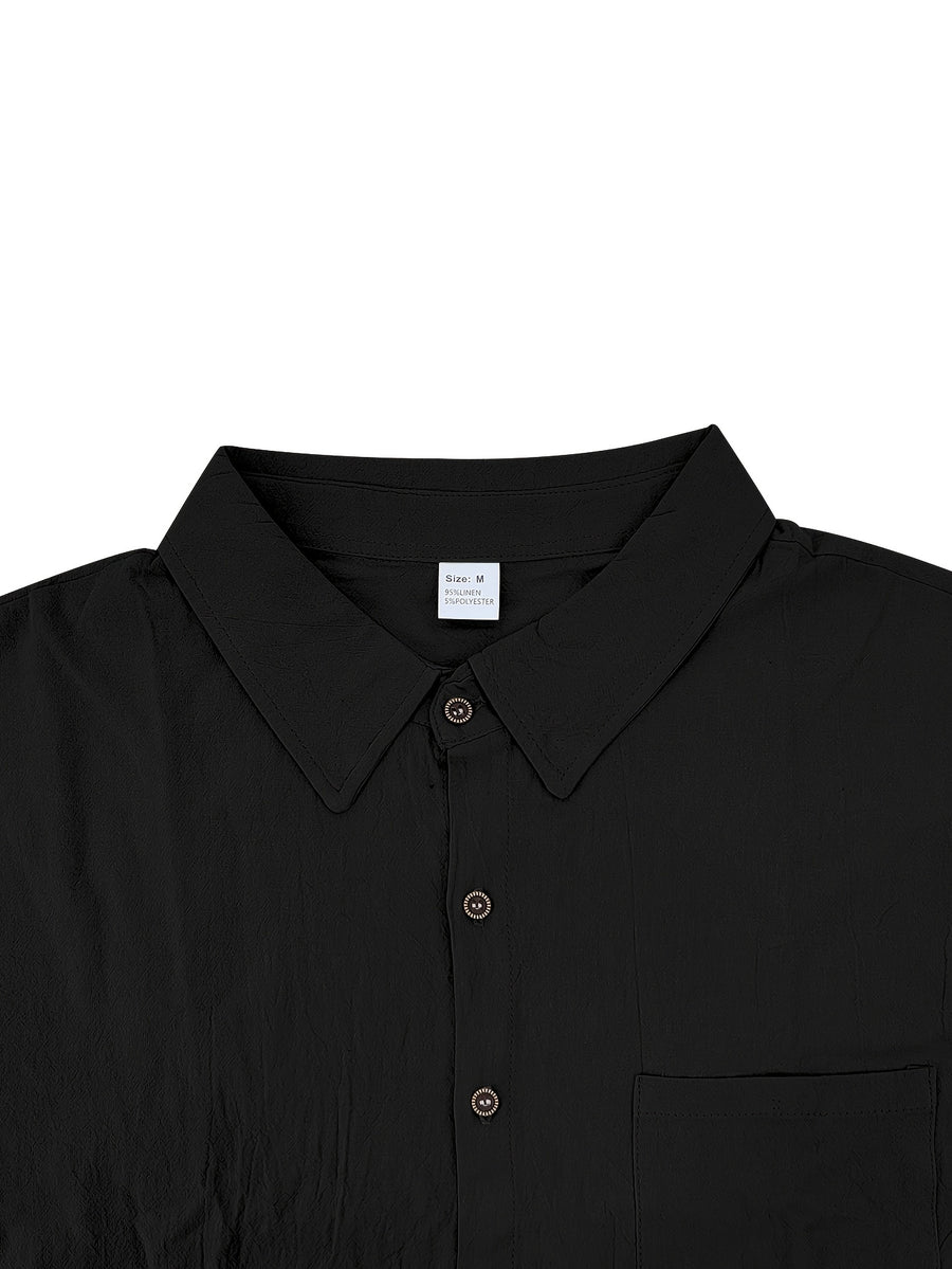 Men'S Linen Blend Long Sleeve Collared Button-Up Shirt, Casual Textured Wrinkle-Resistant Summer Top, Single Pocket Design with Adjustable Cuffs, Loose Fit Lightweight Breathable Beach Linen Shirt, V-Neck Relaxed Casual Shirt, Suitable for Vacation - Black