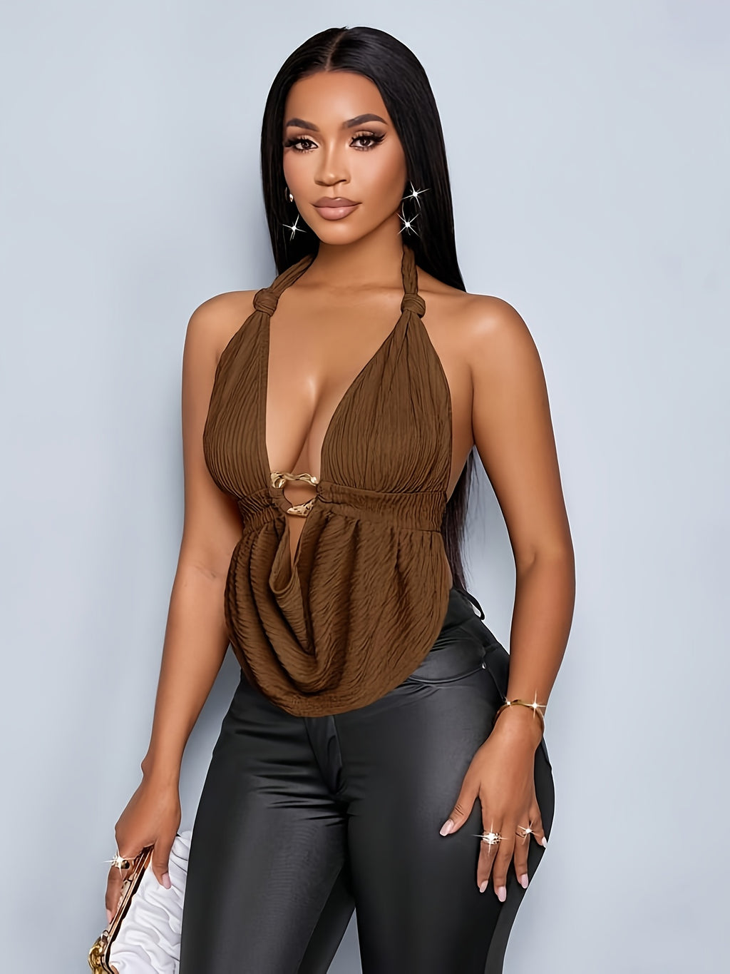 QD251211119 Summer Casual Vacation Gathering Party Golden Decorative Tie-Back Halter Neck Camisole and Tank Top for Women - Coffee Brown