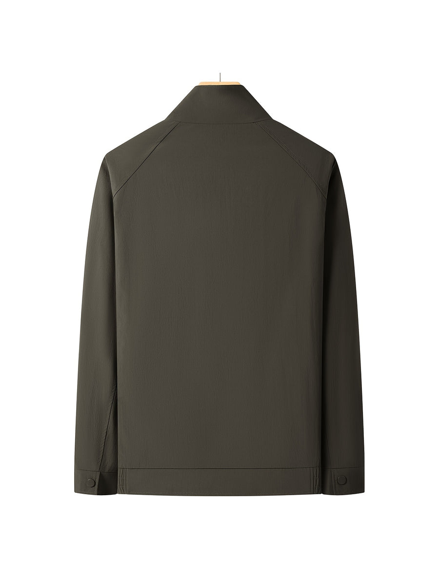 Men'S Stand-Up Collar Zip-Up Lightweight Business Jacket, Textured Wrinkled Fabric with Fine Check Breathable Full Lining, Zipper And Button Double-Breasted Casual Commuter Trench Coat, Curved Side Zip Pockets Slight Body-Shaping Top - Dark green gray