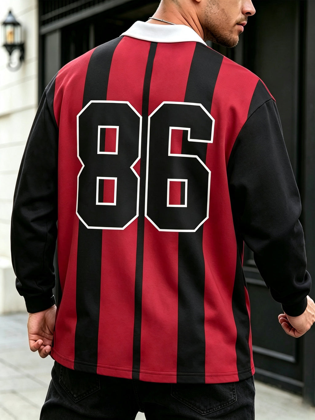 American Retro Los Angeles Letter Long Sleeve Men'S Polo, Red Black Pinstripe Contrast Casual Polo - Red