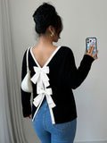 Women's Elegant and Stylish Ribbed Long Sleeve T-Shirt with Bow Tie at the Back - Black
