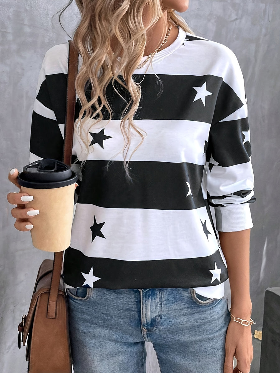 Women's Elegant Striped Star Print Long-Sleeve T-Shirt - Non- Blouse-Compatible Top Suitable for Seasons, Machine Washable Opaque Shirt for Layering, Casual & Professional Wear, Year-Round Wardrobe Essential - Black