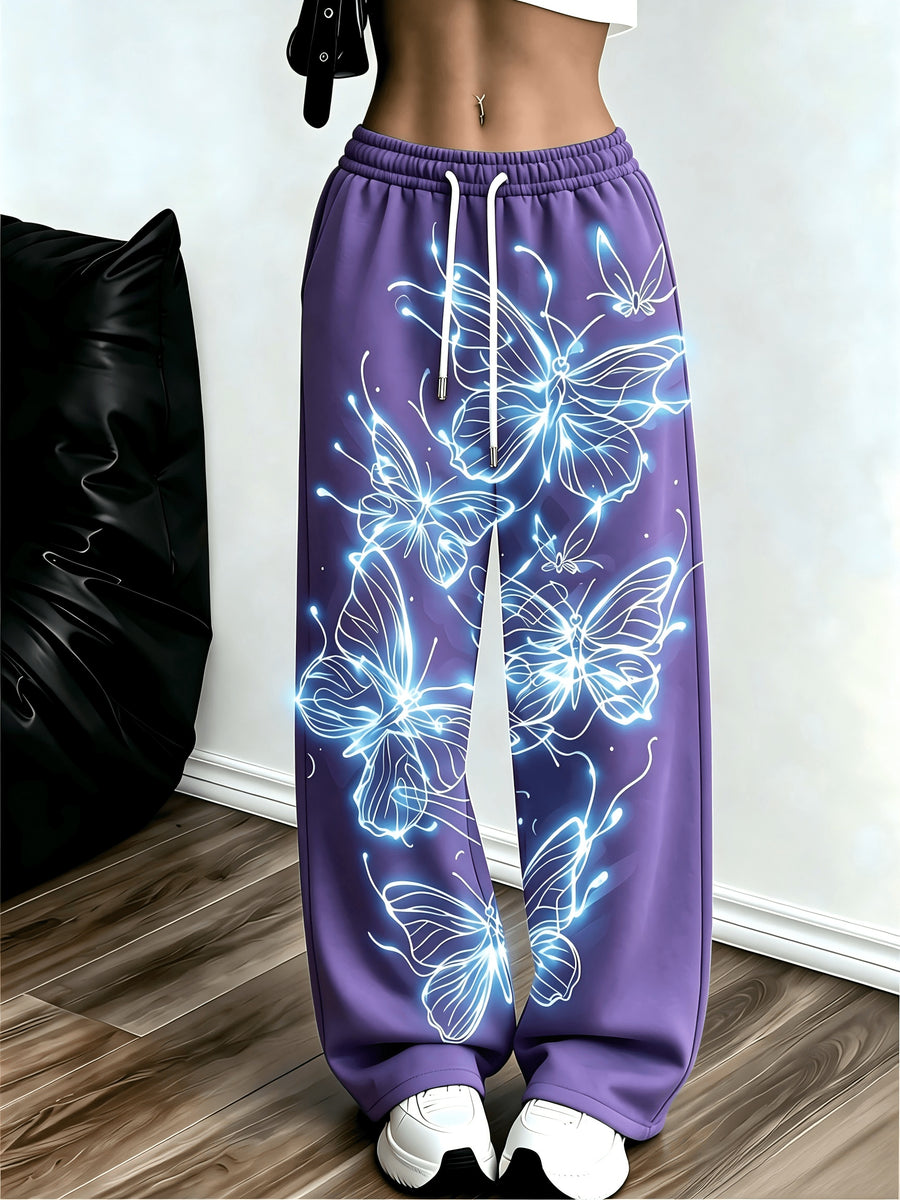 Women's Neon Butterfly Glow-in-the-dark Pattern Jogging Pants with Pockets, Elastic Waistband, and Straight-leg Design - Purple
