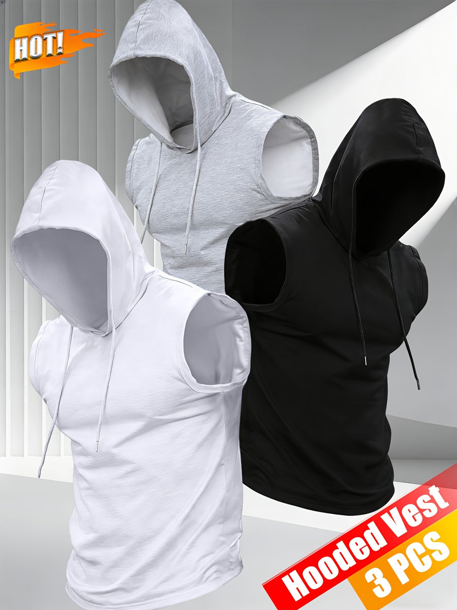 3pcs Men's Hooded Tank Tops, New Summer Style, Skin-Friendly and Breathable Fabric, Sleeveless Loose Fit for a Slimming Look, Versatile for Daily Fitness, Sports, and Streetwear, Essential for Men's Refreshing Summer Outfits - White+Black+Grey