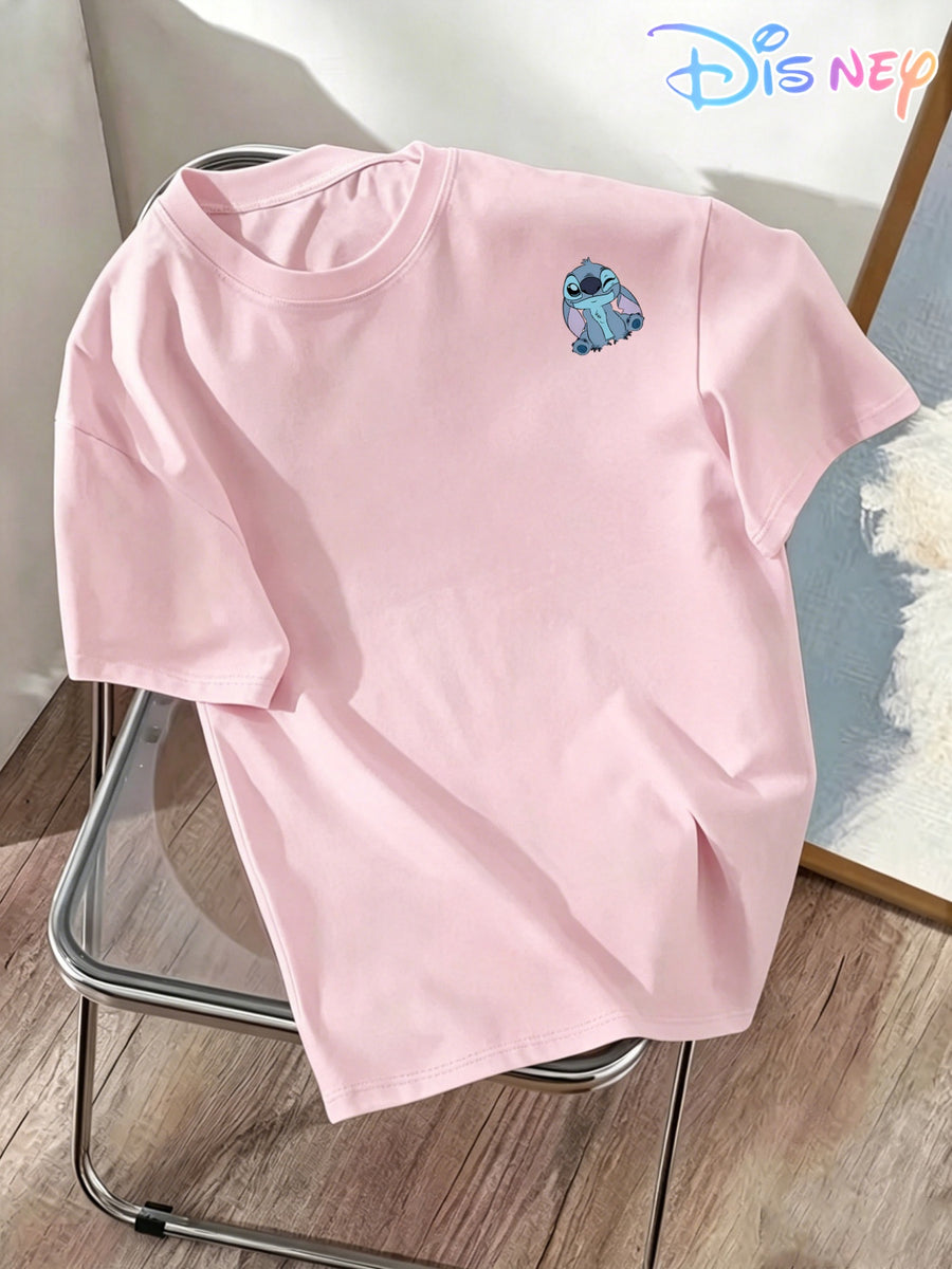 100% Spring/Summer Women's Pure Fashion T-Shirt, Pure Short-Sleeve Top with Disney IP Print "Disney" Stitch Winking, Smiling, Sitting with One Hand on Chin, Cute Print Pure T-Shirt, Crew Neck, Casual, Comfortable, Stylish, and Versatile - pink color