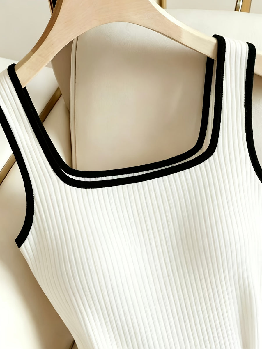 Women's Mature-Casual Style Slim-Fit Jumpsuit Top with Square Neckline, Thin Straps, Ribbed Waistband, and Ribbed Trim - Suitable for Spring/Summer Commuting and Party Outfits - White