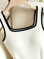 Women's Mature-Casual Style Slim-Fit Jumpsuit Top with Square Neckline, Thin Straps, Ribbed Waistband, and Ribbed Trim - Suitable for Spring/Summer Commuting and Party Outfits - White