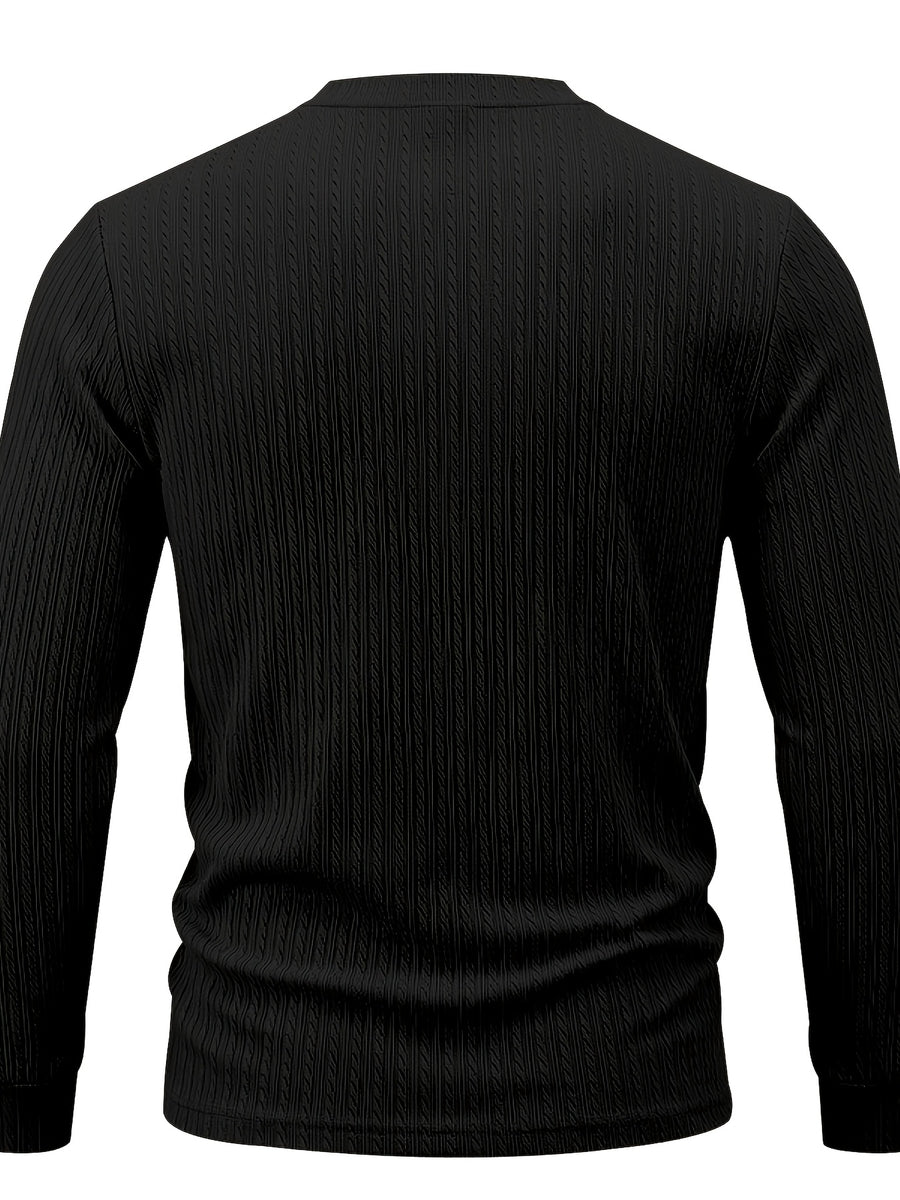 1pc Men'S Jacquard Long Sleeve Henley Shirt Solid Striped Textured Fabric with Stretch Street Style Casual Top for Autumn Winter Fashion White Matchable Pullover Base Layer - Black