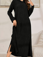 Plus Size Fall Winter Long Hooded Striped Thick Skin-Friendly Slit Casual Home Sleep Dress - Black