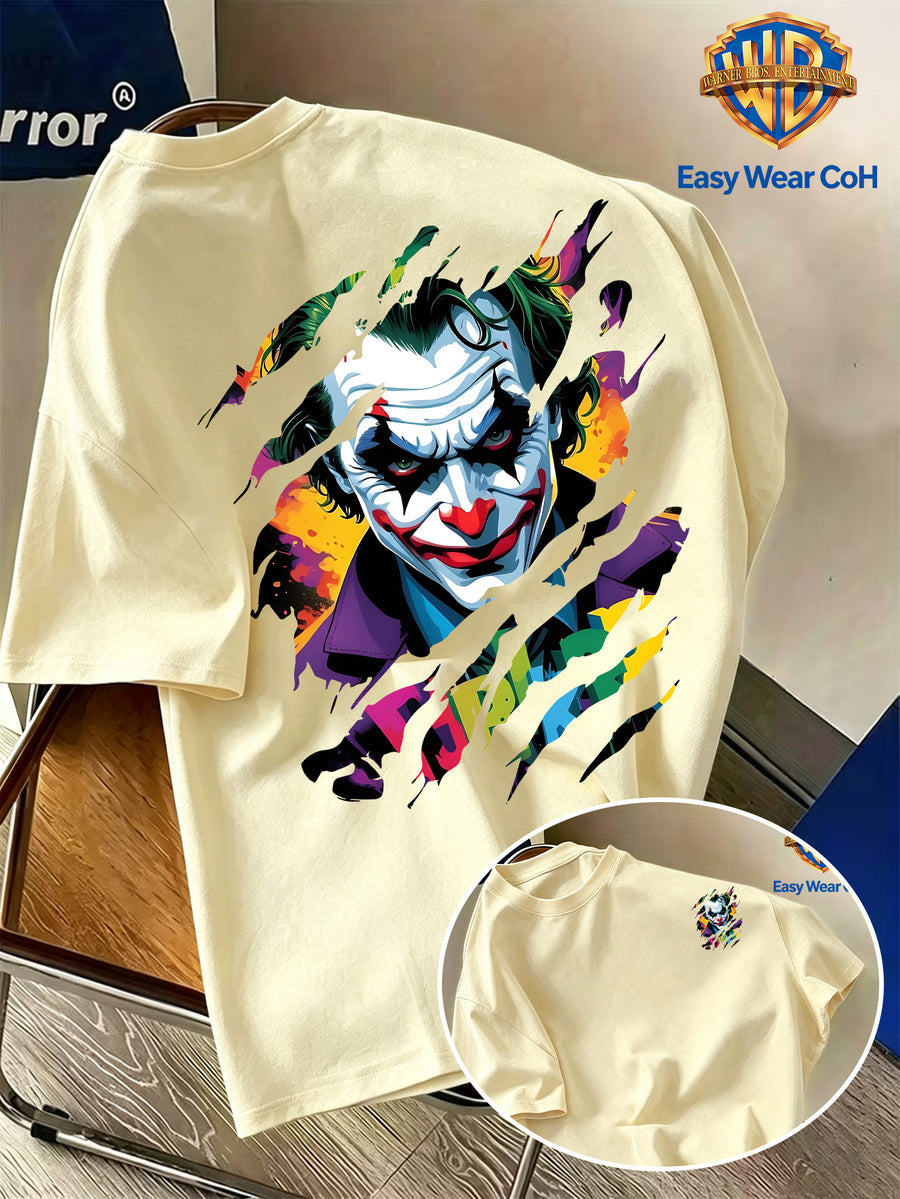 Warner Bros. Official Versatile New Men's Short-Sleeve T-Shirt, DC Joker Torn Claw Mark Effect Creative Pattern Print, DC Joker IP Trendy Men's Short-Sleeve Top, Strong Atmospheric Appeal, Unique Design, Comfortable and Skin-Friendly Fabric - Apricot