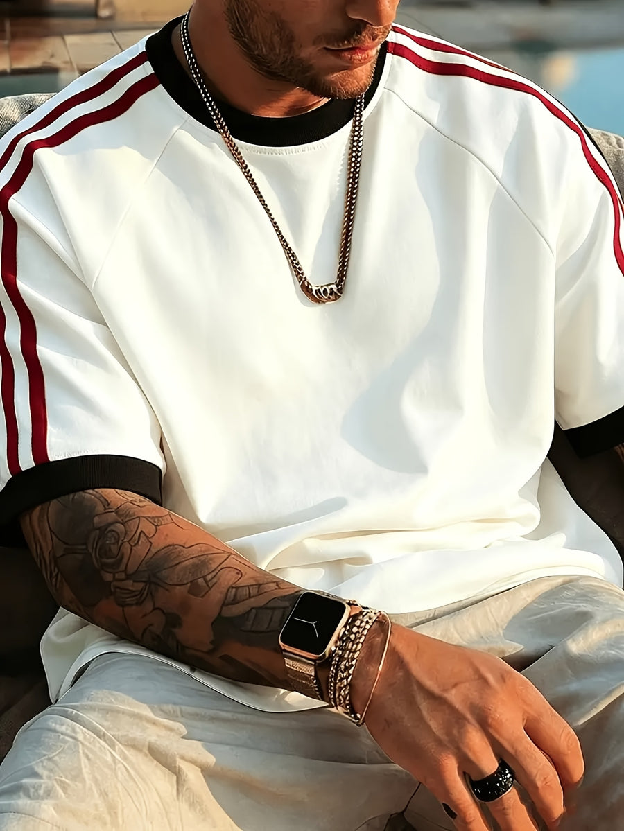 WB Men's Pure Cotton T-Shirt 2026 New Summer - Breathable Crew Neck Short Sleeve Tee with Solid Color Base & Contrast Stripe, Suitable for Casual Wear, Gym, Everyday Outfits - Machine Washable Solid Color Round Neck Shirt - White