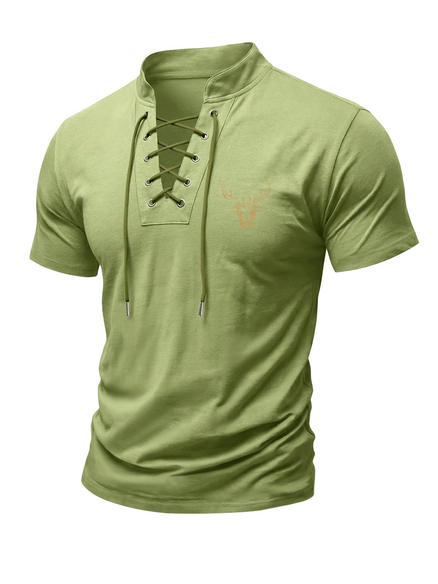 Men'S Henley Collar Cross-Strap Short Sleeve T-Shirt, Subtle Golden Stag Head Print, Delicate Skin-Friendly Fabric, Comfortable And Breathable Non-Tight Fit, Sophisticated Detail for Mature Style, Farewell to Dullness And Enhanced Premium Look - fern green