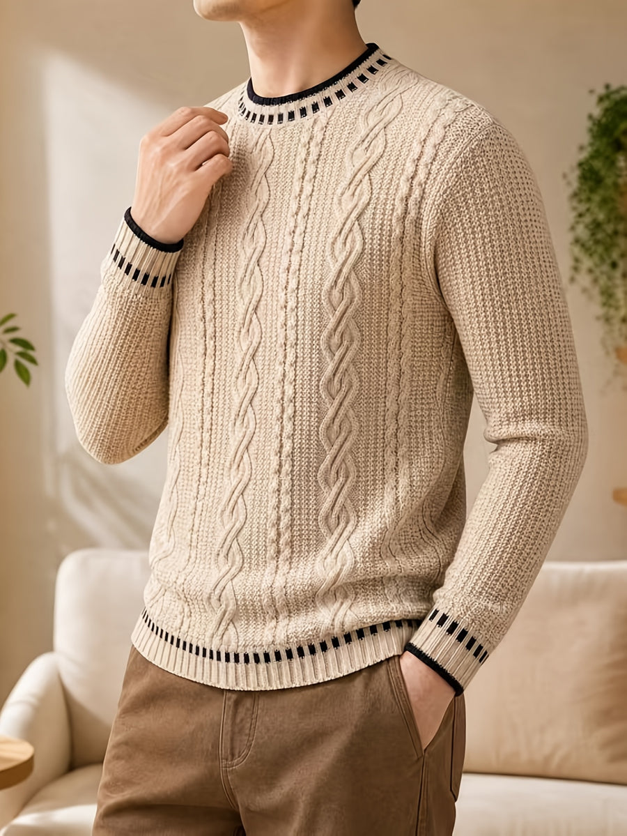 Black Friday, Christmas, Thanksgiving Pre-Heat, Men's Acrylic Blend Five-Color Options, Cable Knit, Contrast Stripe Ribbed Crew Neck Pullover Sweater with Contrast Stripes at Neckline, Cuffs, and Hem, Vintage Casual Daily Wear for Autumn/Winter - Khaki