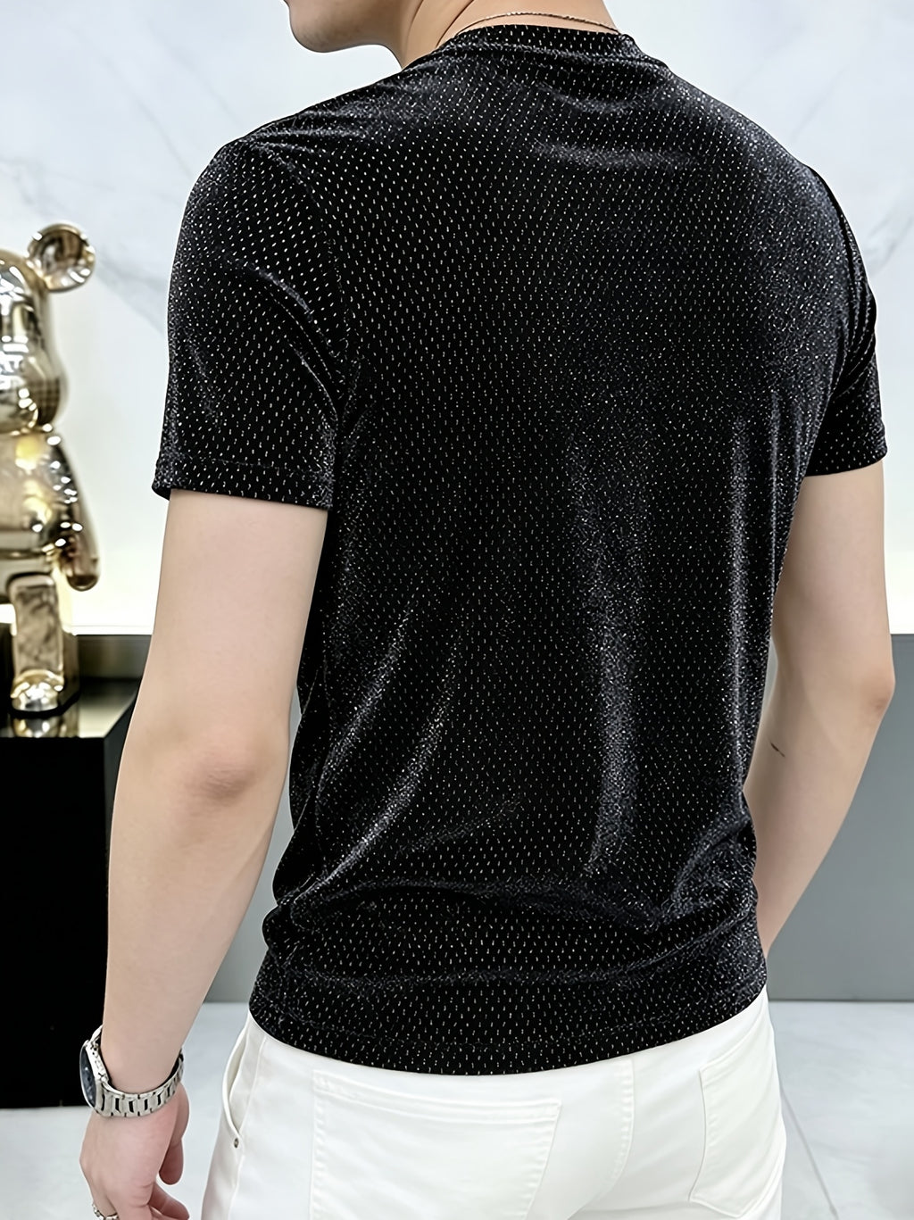 Men's Hollow-Out Short-Sleeve T-Shirt - Breathable Round Neck Solid Color Tee with Asymmetrical Cut-Out, Suitable for Summer Parties, Casual & -Casual Wear, Versatile for Layering or Standalone Outfits - 10309 Hui-8330