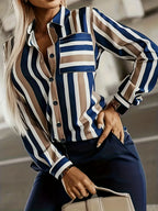 Elegant Women'S Long-Sleeve Striped Shirt for Spring And Autumn with Pockets - Multicolor